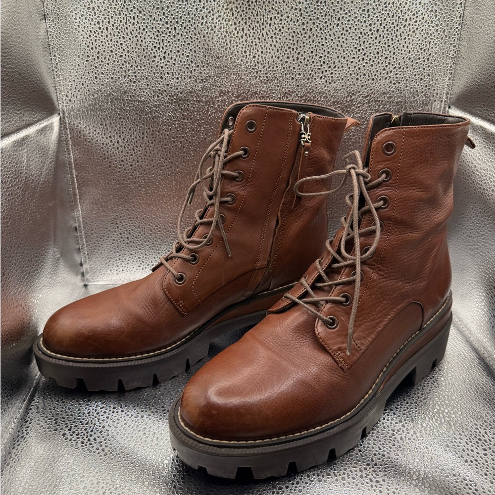 SAM EDELMAN Women's 8.5 Leather Cognac Garret Platform Combat Boots - Picture 2 of 8